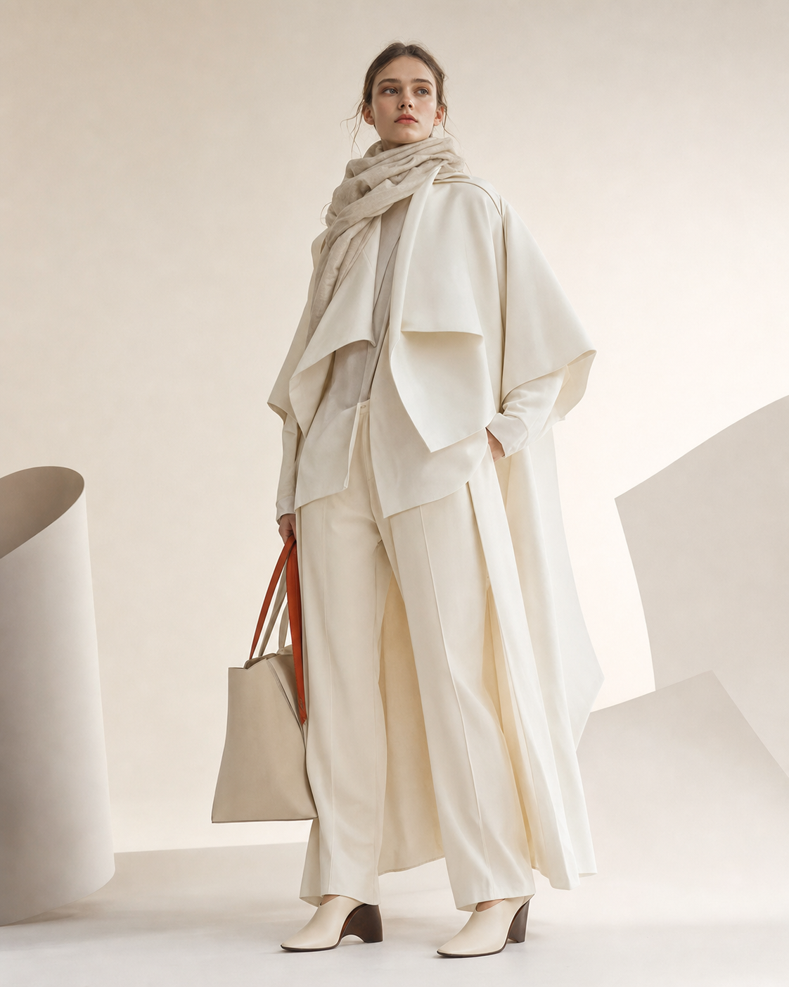 Editorial fashion direction with ivory outerwear