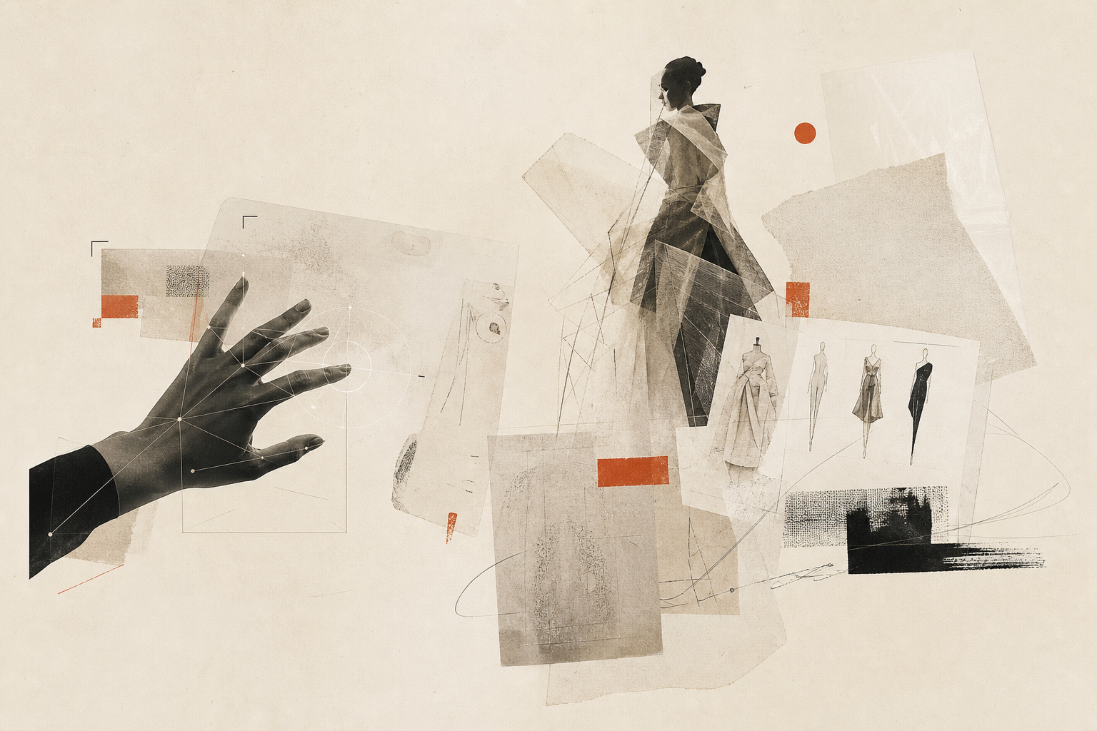 Abstract collage of AI interaction and fashion system fragments